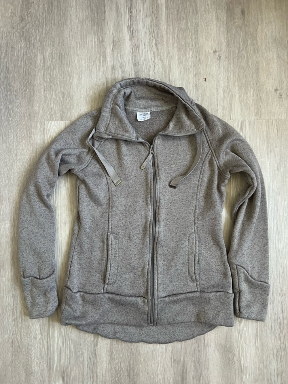 Danskin Neutral Taupe Knit high funnel neck full zip jacket pockets thumb-hole M
